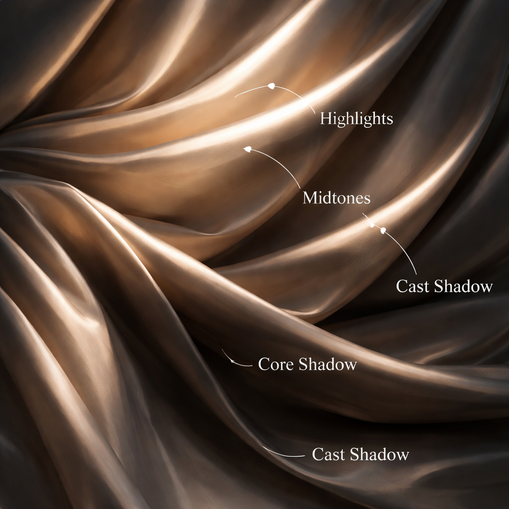 fabric fold lighting analysis showing highlight and shadow patterns for drawing reference