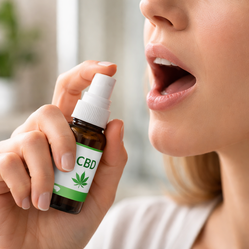 person preparing CBD oral spray for use