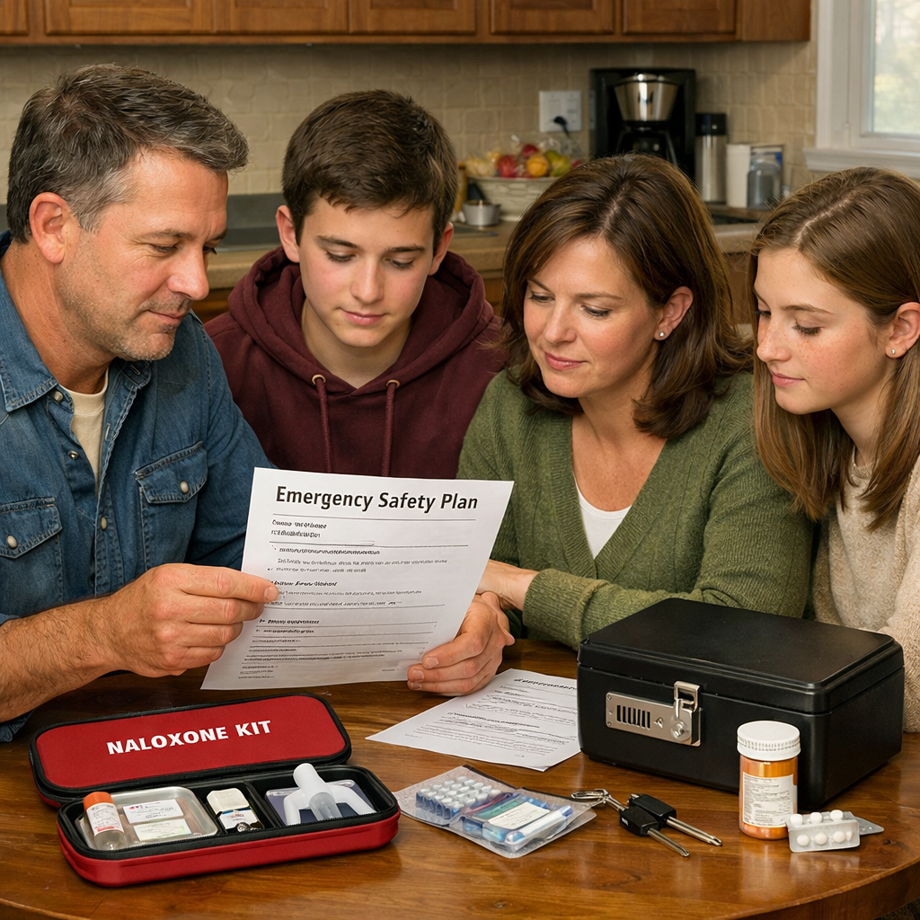 family creating a post‑overdose safety plan and medication lockbox.