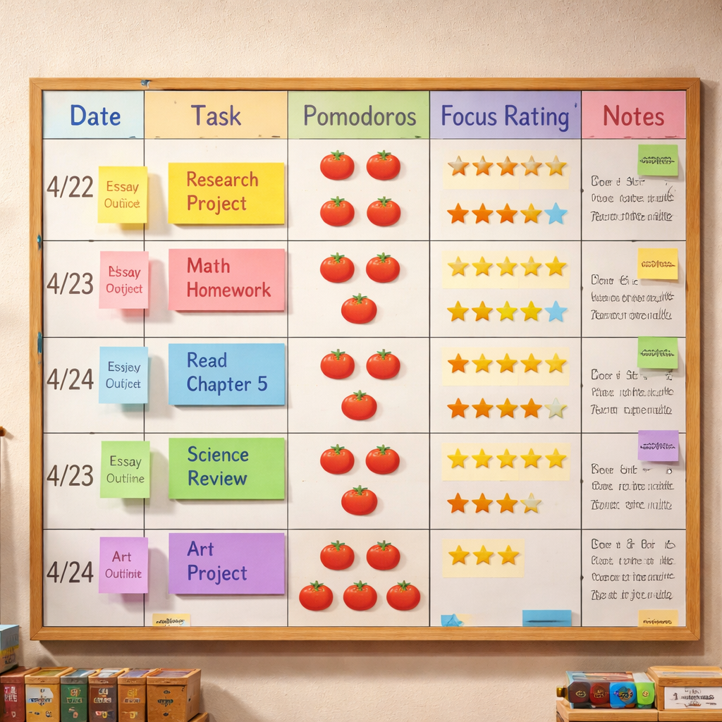 A classroom wall chart with columns for Date, Task, Pomodoros, Focus Rating, and Notes, filled with colourful sticky not