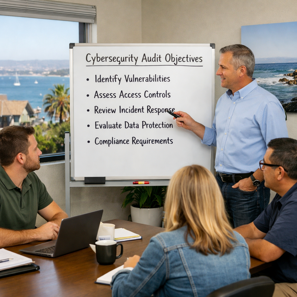 Monterey small business IT security audit team defining scope and objectives.