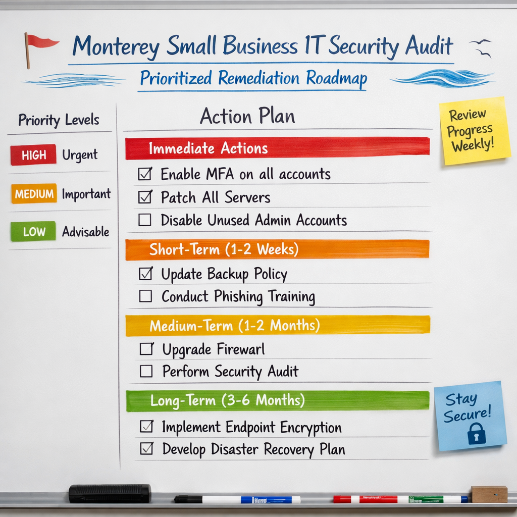 Prioritized remediation roadmap for a Monterey small business IT security audit.