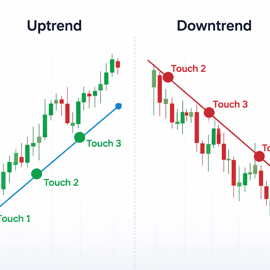 forex trend lines tutorial showing uptrend and downtrend examples with three touch points