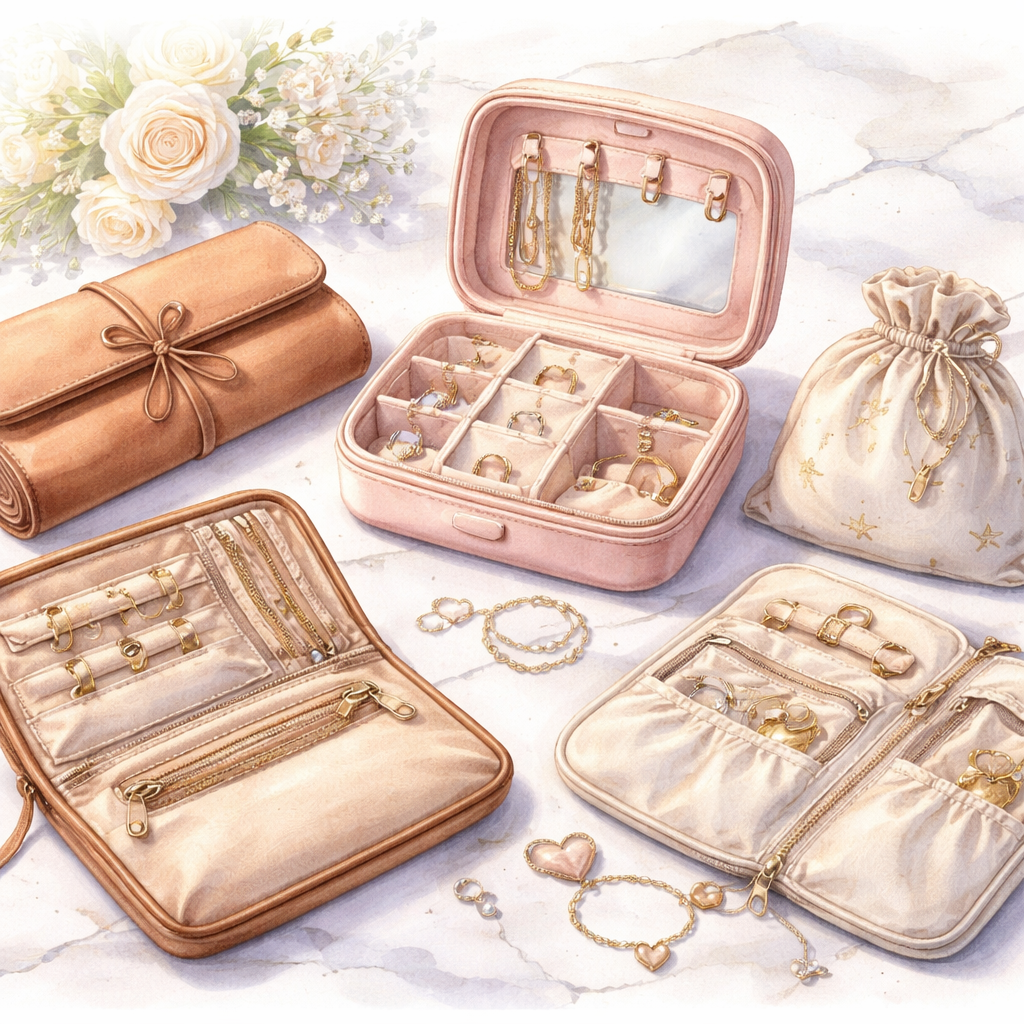 Various diamond veneer jewelry travel storage solutions including cases and organizational pouches