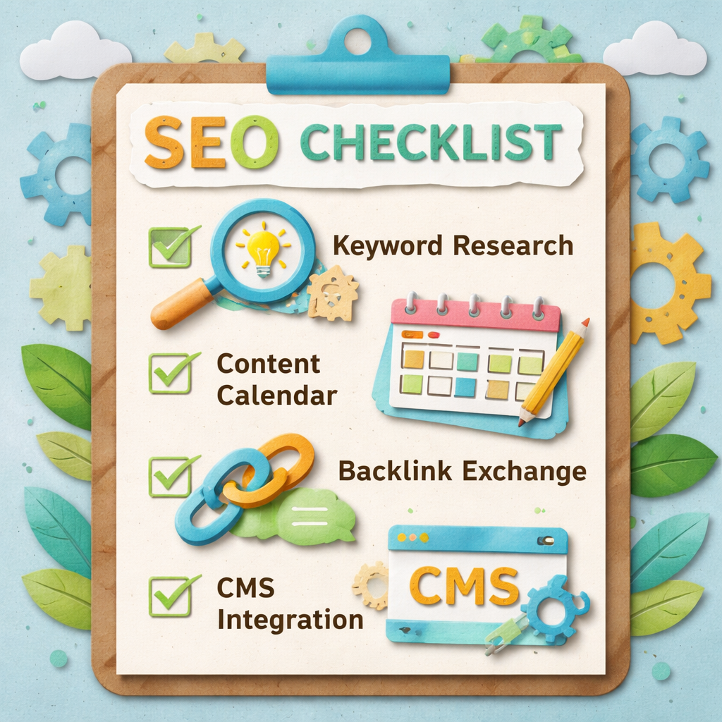 AI SEO service feature checklist with keyword research, content calendar, backlink exchange, and CMS integration icons.