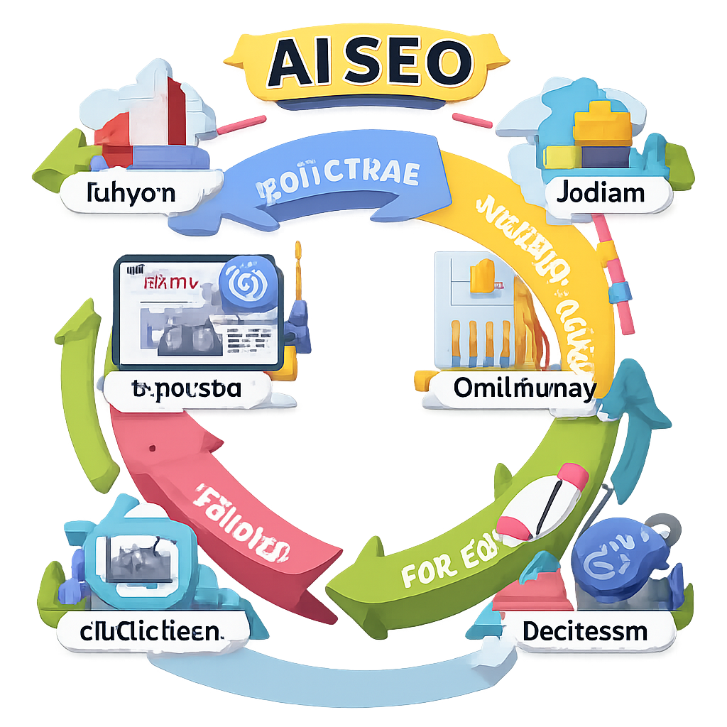 AI SEO service monitoring and scaling loop with traffic, rankings, backlinks, and AI overview icons.