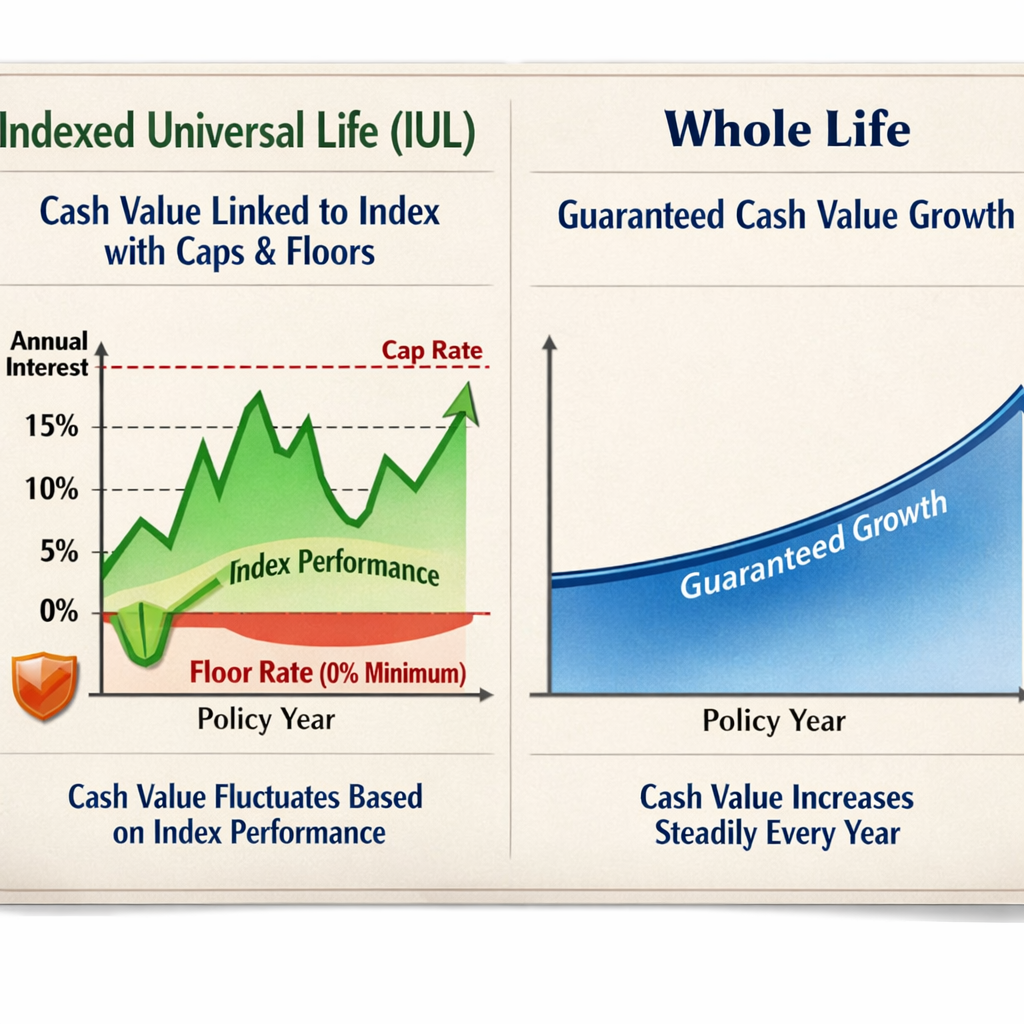 A realistic illustration of two policy diagrams side by side, one showing IUL cash‑value linked to an index with caps an