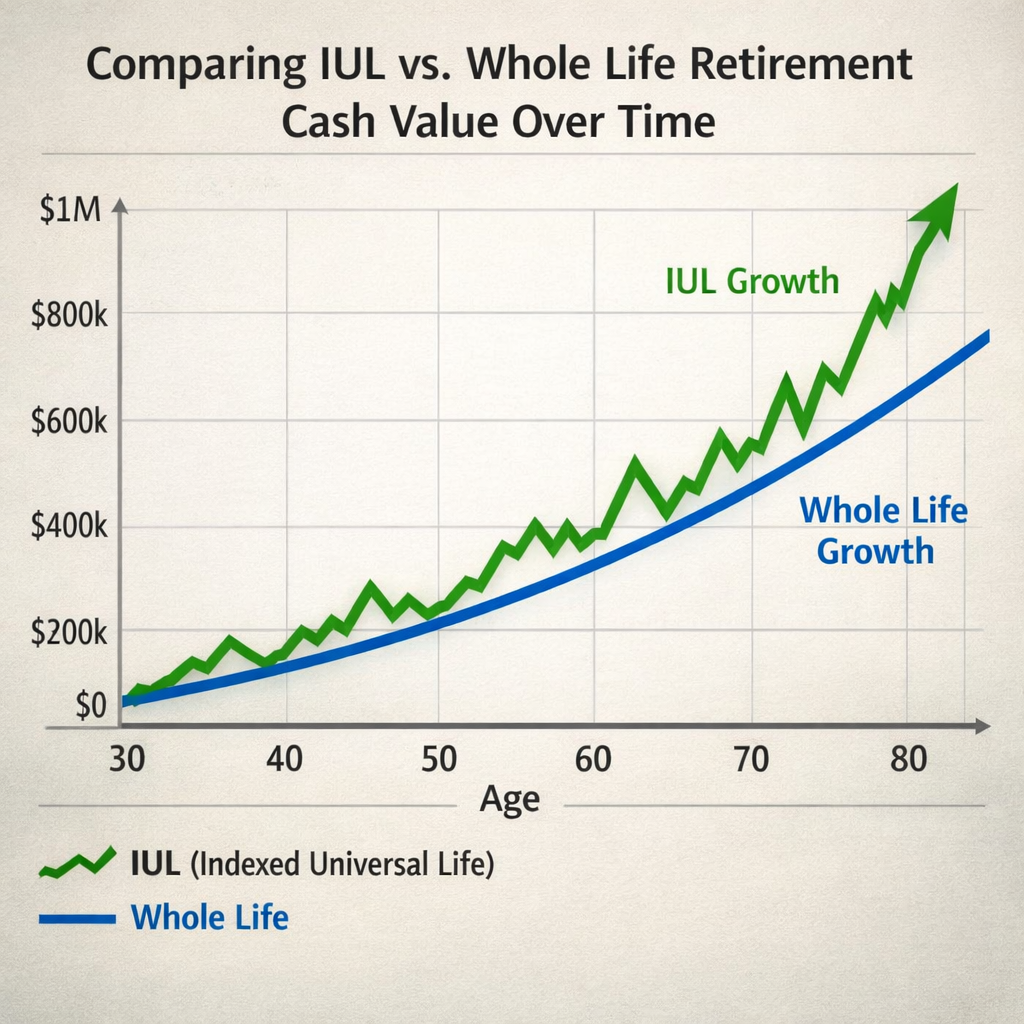 A realistic chart showing a retirement timeline with two tracks, one steady whole‑life growth line, one jagged IUL growt