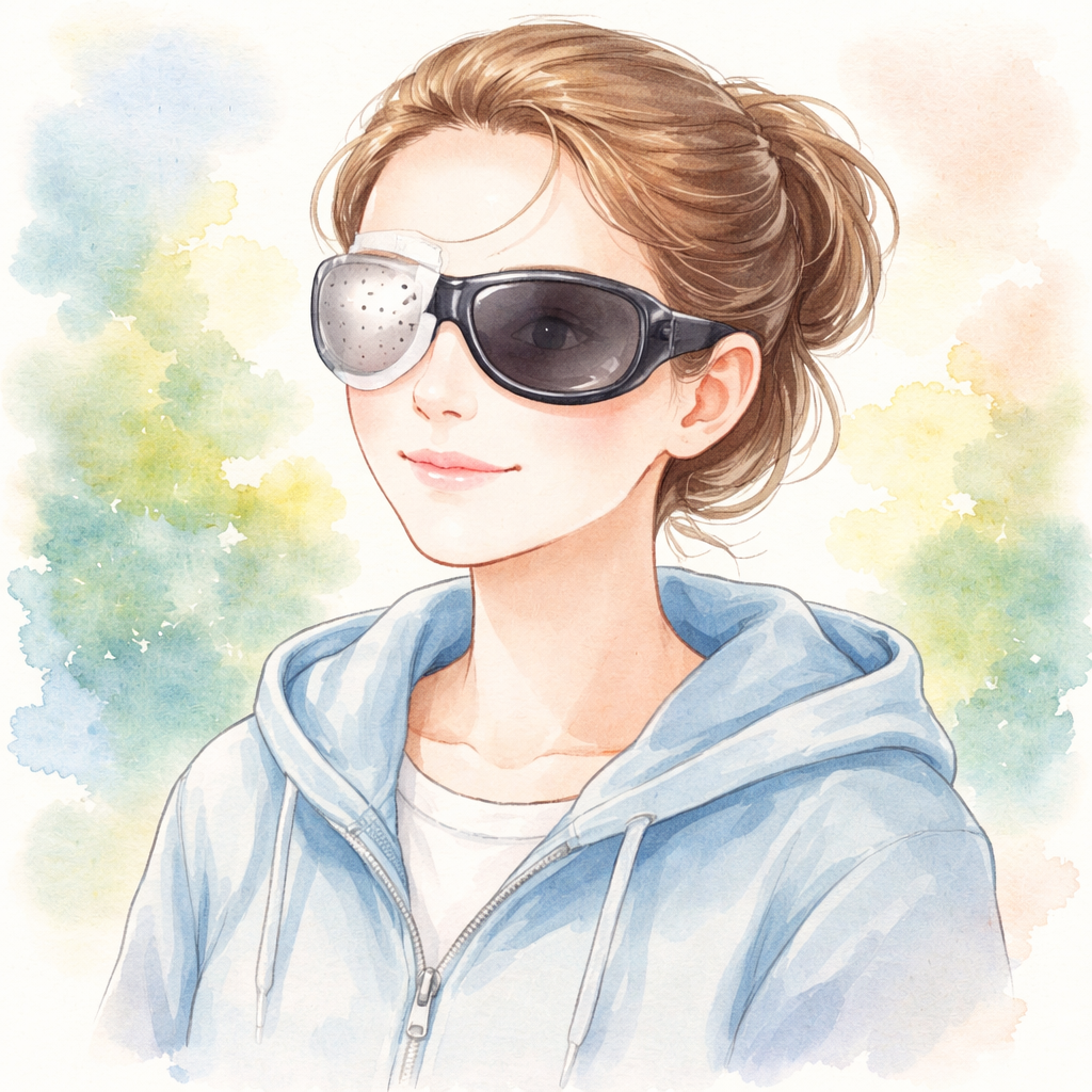 A gentle watercolor illustration of a patient wearing an eye shield and soft sunglasses, bright but calm colors, alt: ey