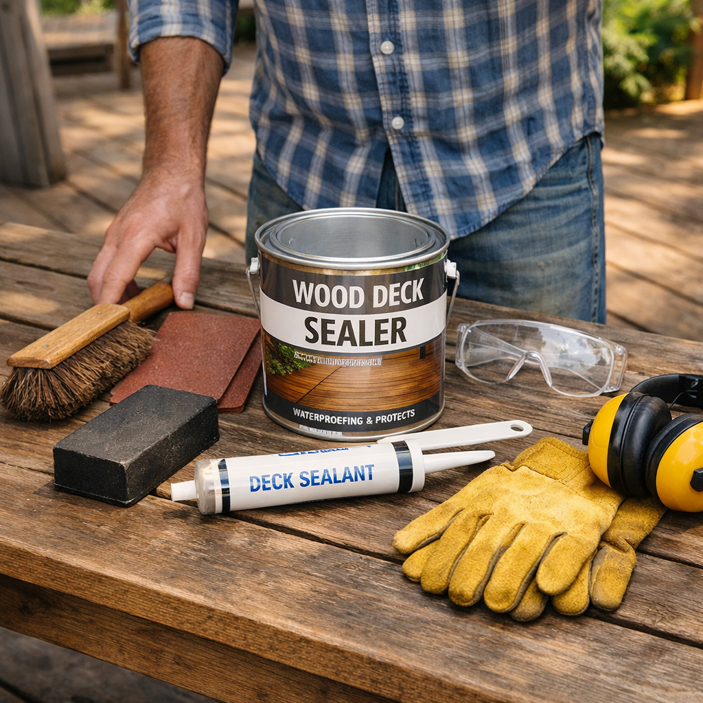 deck repair tools and safety gear laid out on a table