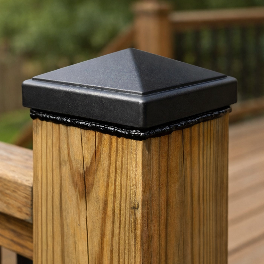 deck post with protective cap and sealed joint