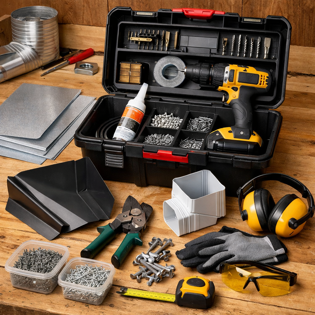 rain gutter diverter installation tools and materials laid out on a workbench.