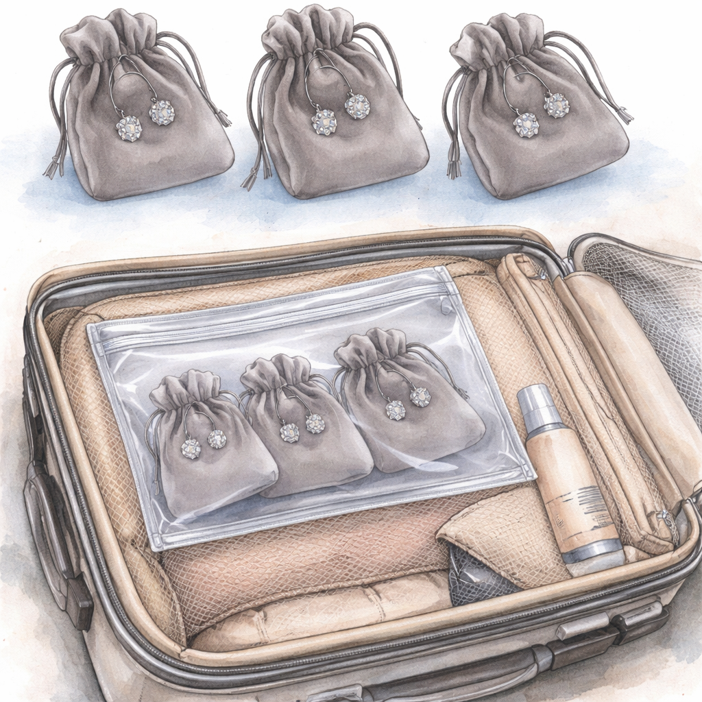 Diamond veneer travel earrings packing system with protective layers for safe transport