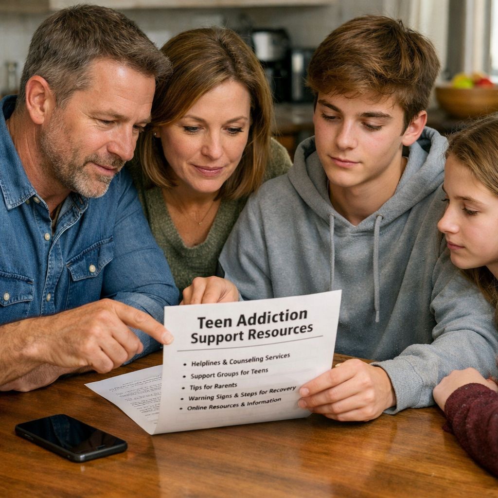 family reviewing teen addiction resources together