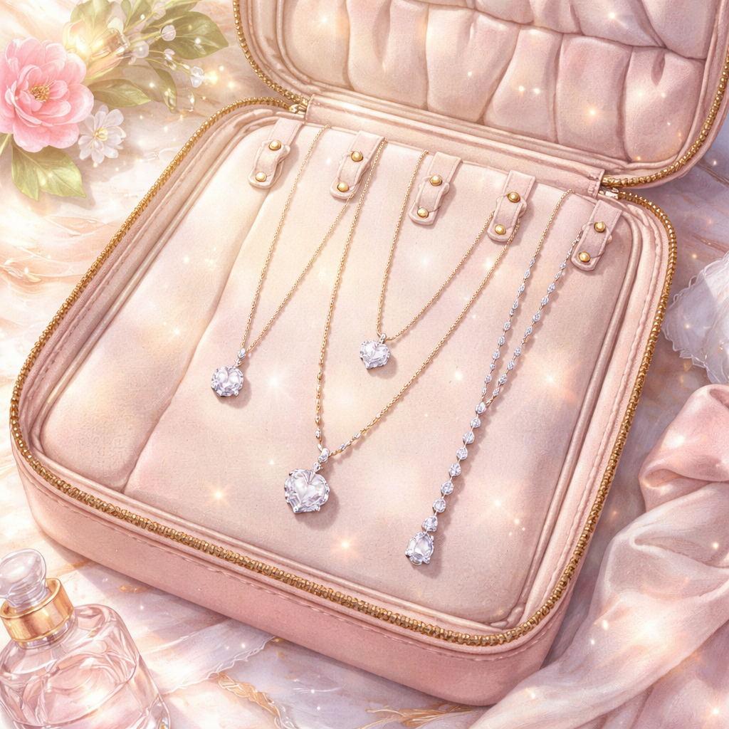 Diamond veneer travel necklace ideas showing various chain lengths and pendant styles for jet-setters