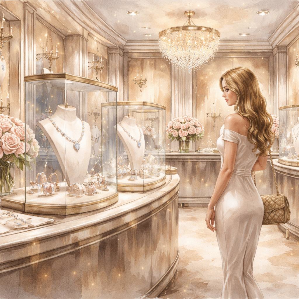 Luxury diamond veneer travel necklace shopping environment with elegant display cases and premium jewelry pieces