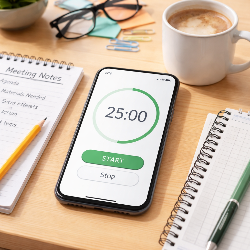 Pomodoro timer for teachers meeting prep showing countdown interface