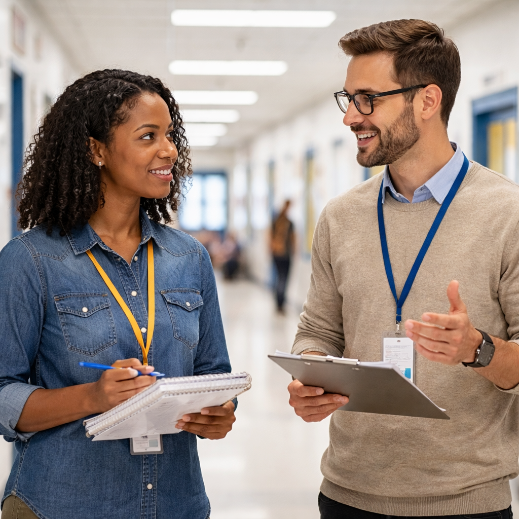 Teachers collaborating during pomodoro break for meeting prep