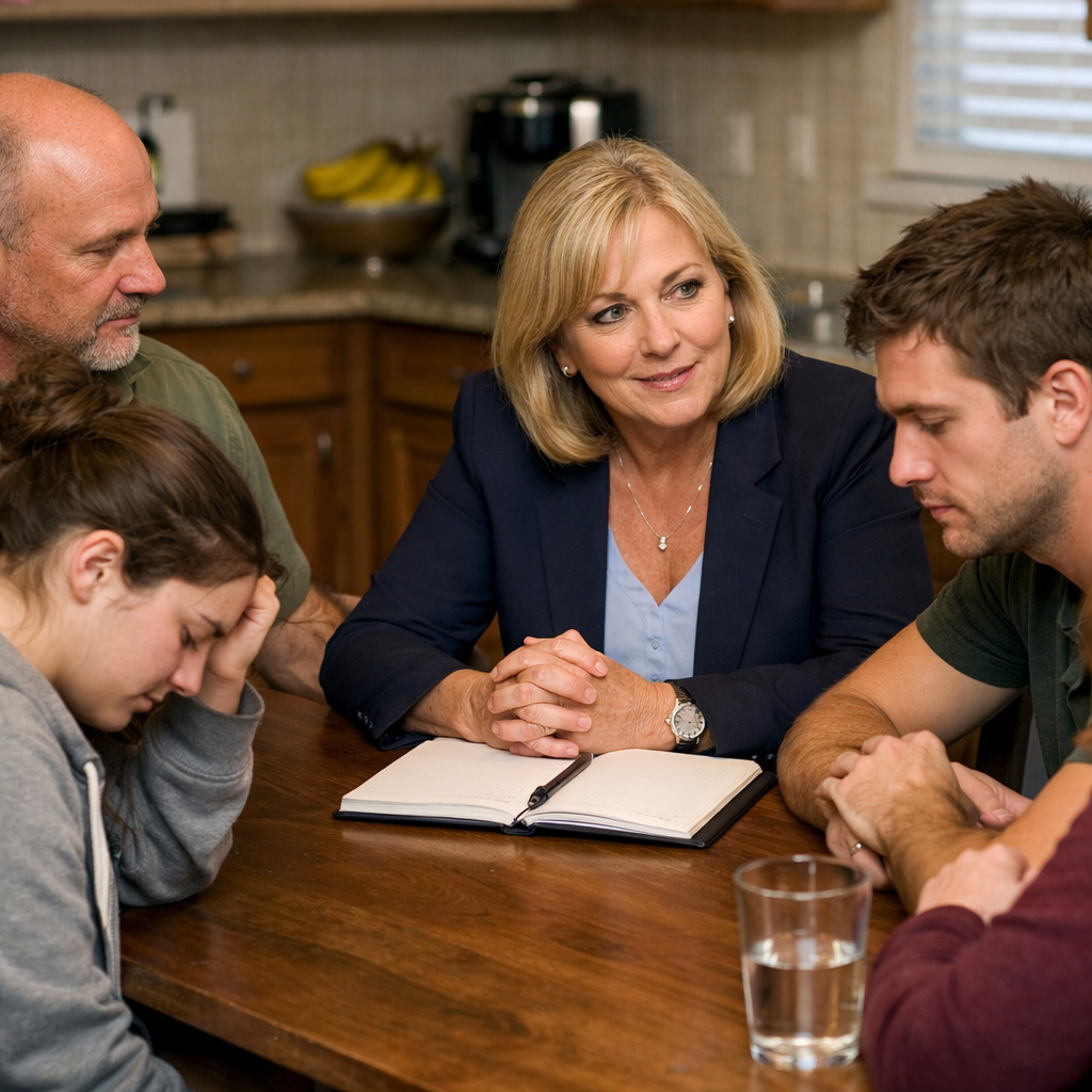 professional intervention team guiding a family conversation about heroin addiction