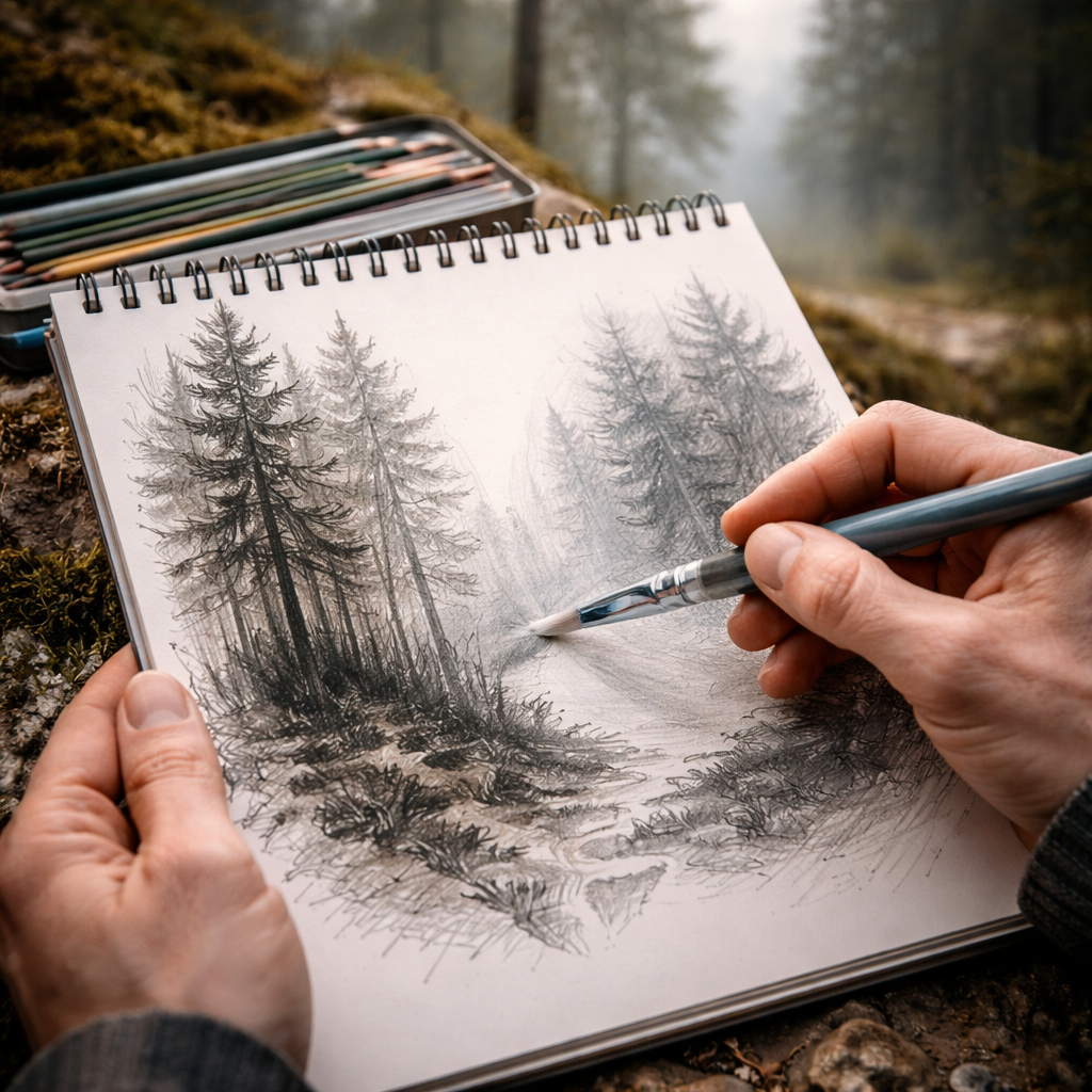 artist using water‑soluble sketch pencil in the field