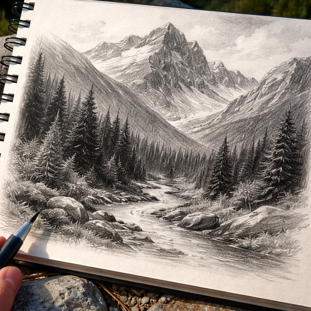 artist using soft 100B graphite pencil on a sketchpad in the field