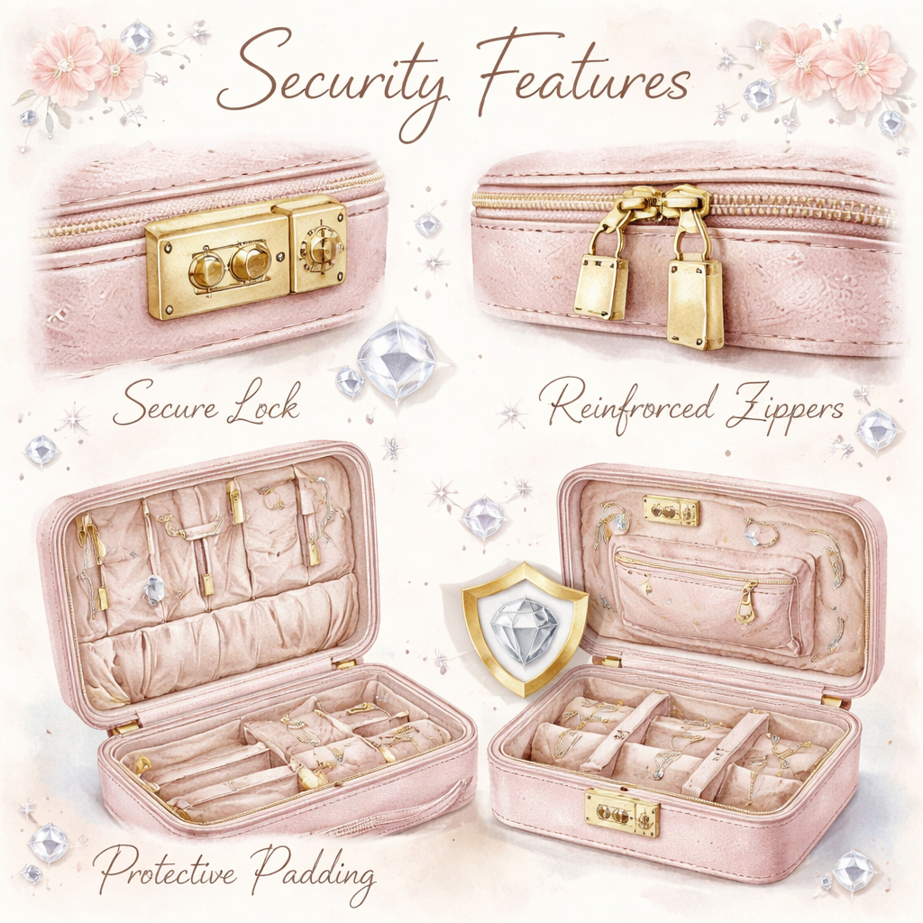 Security features for diamond veneer travel jewelry case review including locks and protective elements