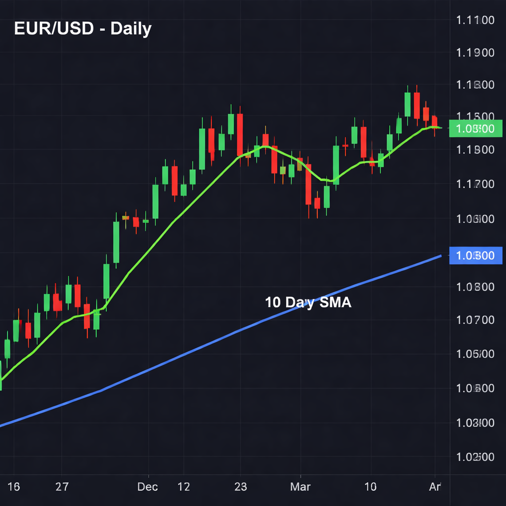 A realistic chart of EUR/USD on a daily timeframe showing a bright green 10‑day EMA line and a deep blue 100‑day SMA lin