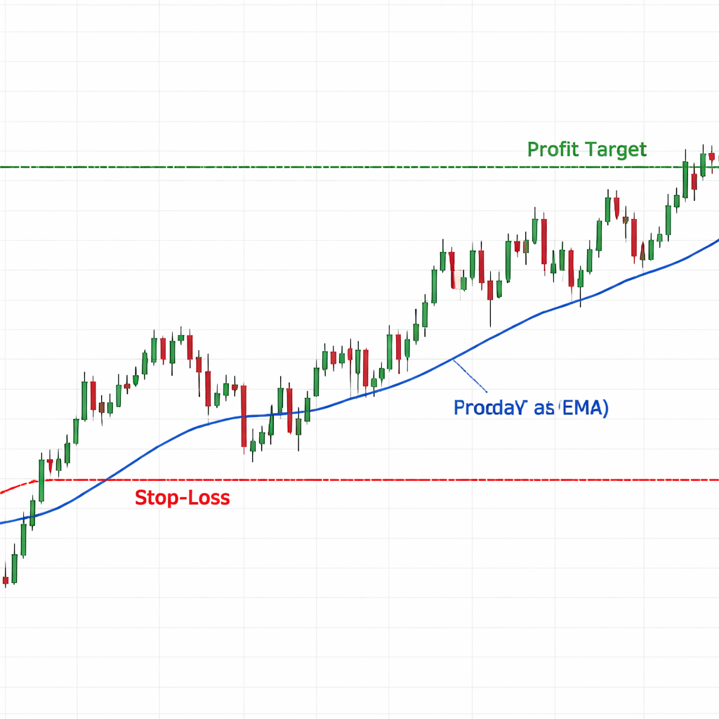 A realistic forex chart on a 4‑hour timeframe showing a blue 50‑day EMA line, a red stop‑loss line just below it, and a 
