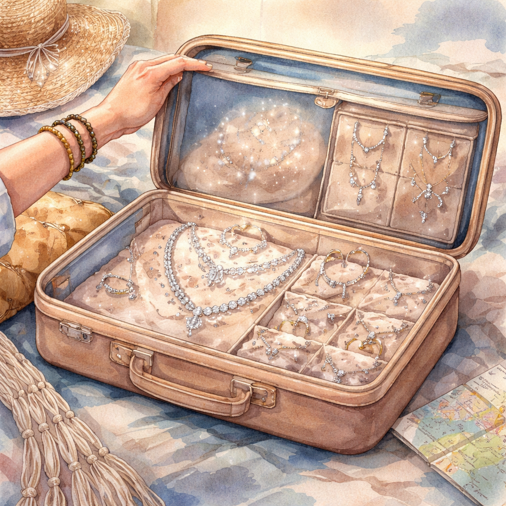 Watercolor illustration of a traveler opening a suitcase to reveal sparkling jewelry inside, alt: lightweight diamond ve