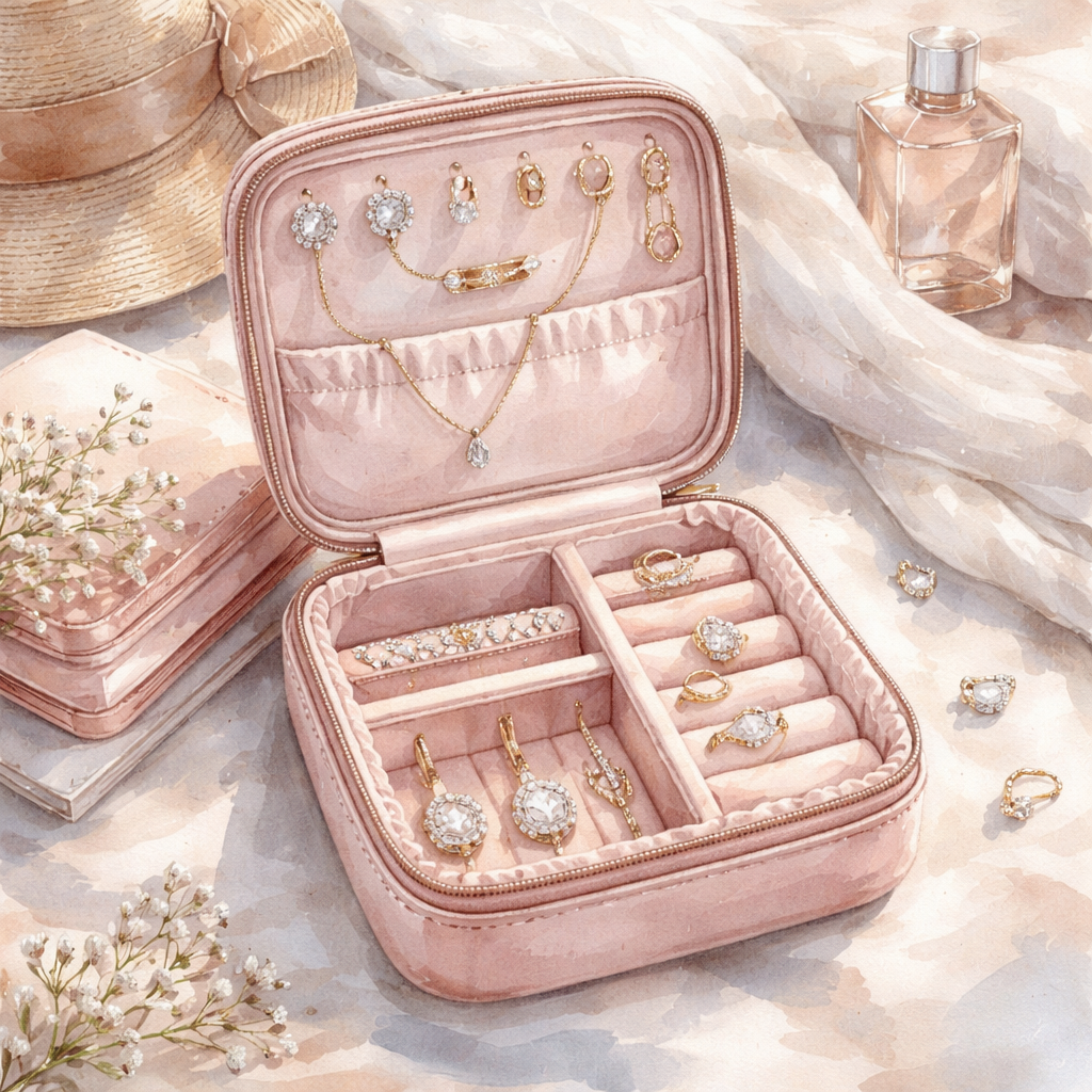 Watercolor scene of a neatly organized travel jewelry case with velvet compartments, alt: packing lightweight diamond ve