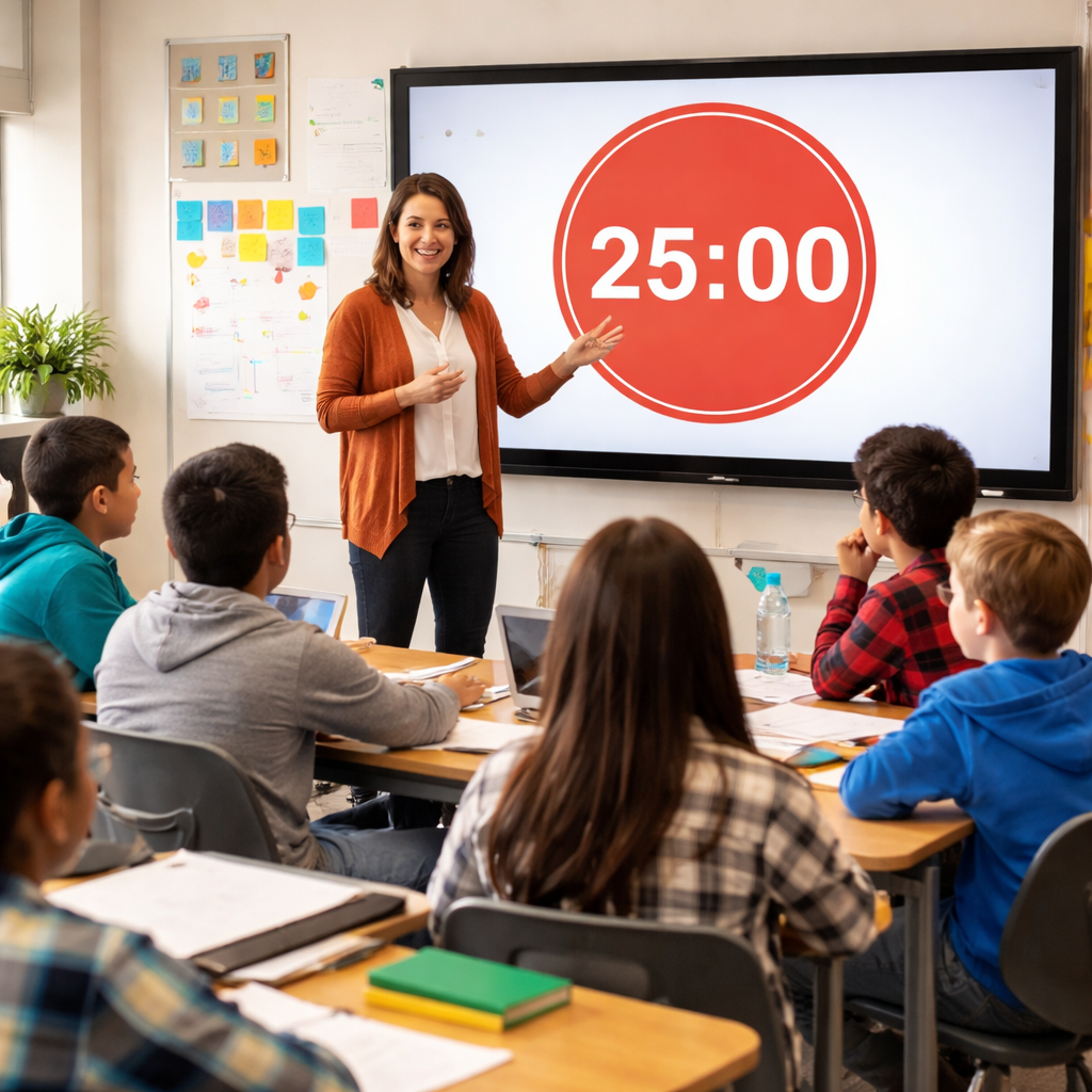 Teacher introducing pomodoro timer for teachers lesson timers to engaged middle school students