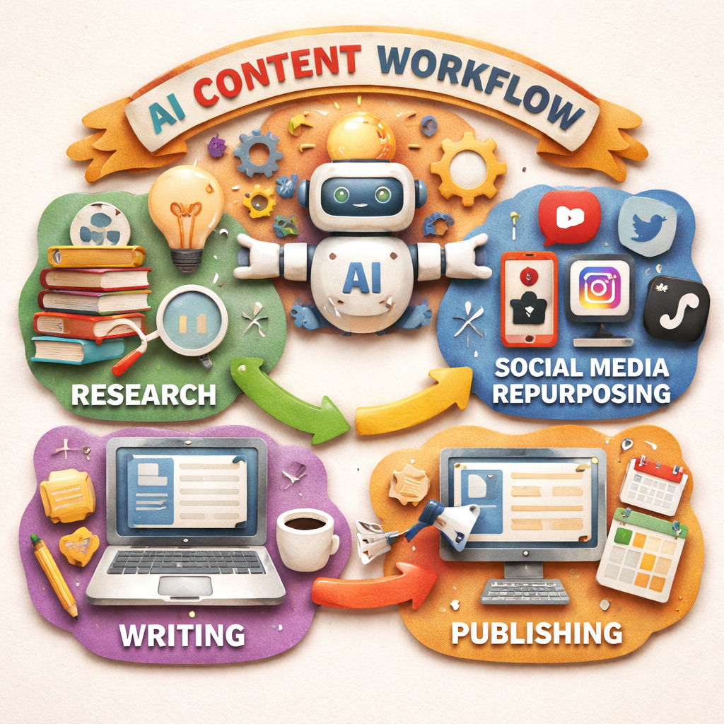 Papercraft style illustration of a workflow showing AI research, writing, publishing, and social media repurposing, alt:
