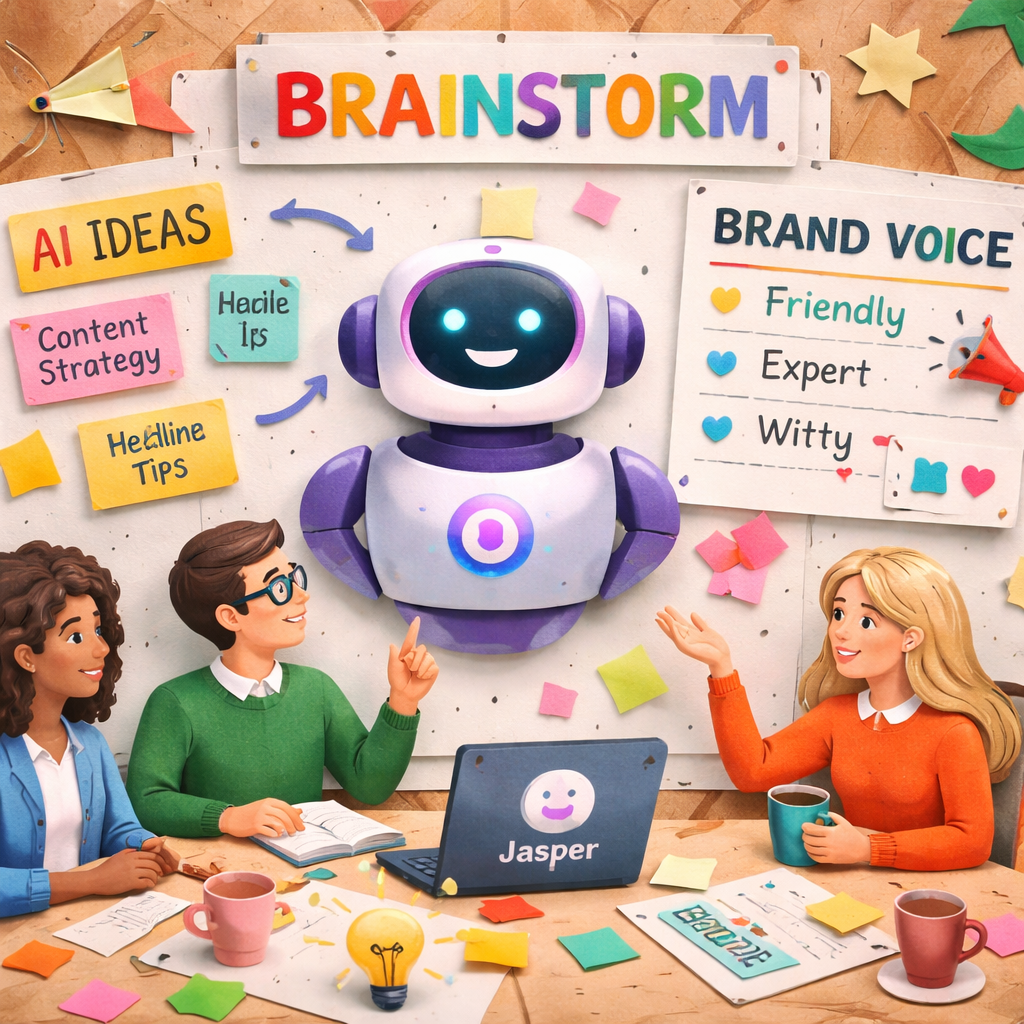 Papercraft style drawing of a brainstorming session with AI suggestions and brand voice notes, alt: Jasper AI writing as