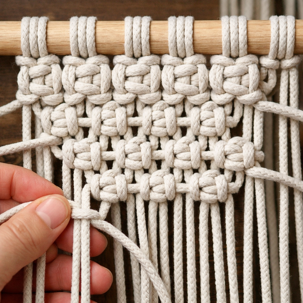 macrame pattern being built row by row