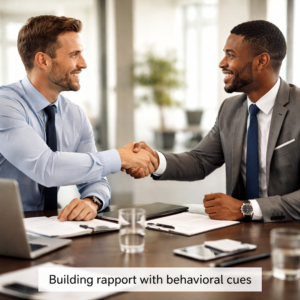 A realistic photo of two professionals shaking hands across a table, with subtle body language mirroring, bright office