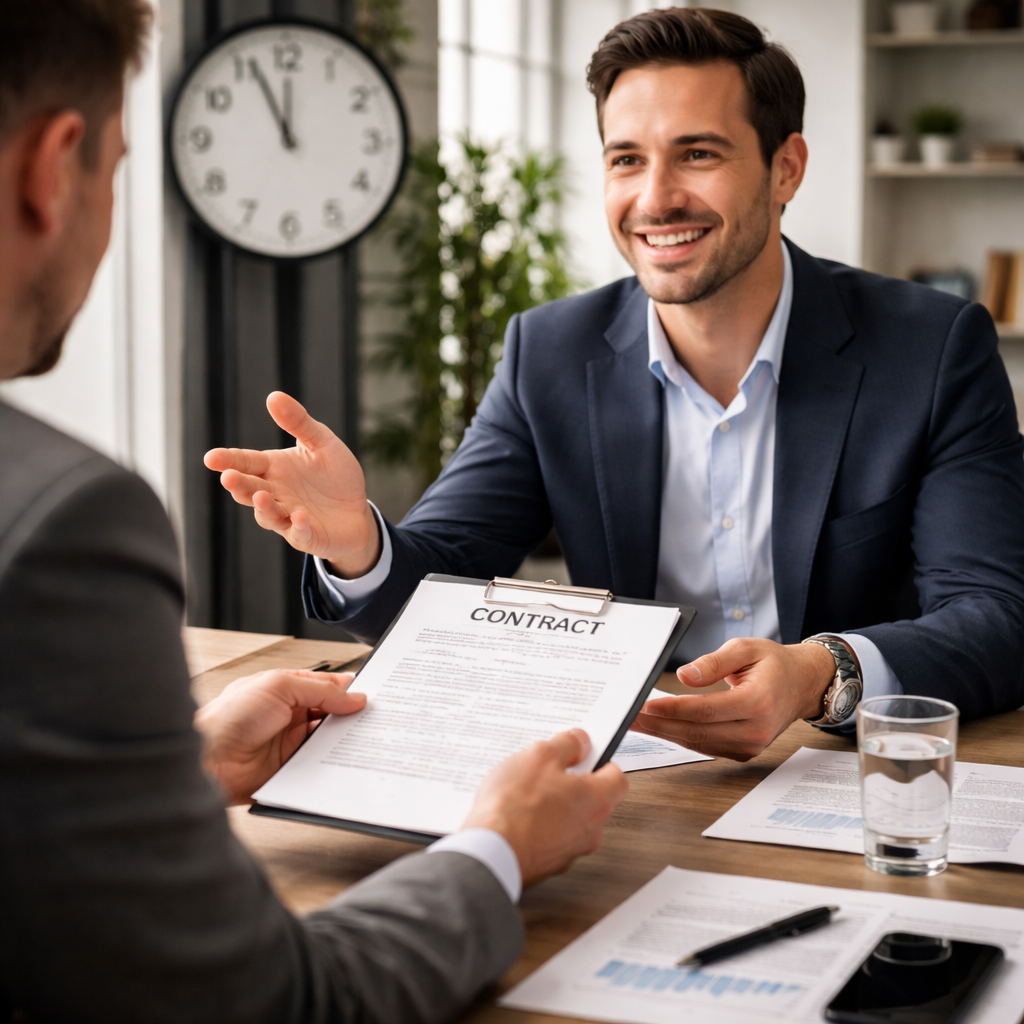 A realistic scene of a negotiator handing over a contract to a smiling client, with subtle visual cues like open hand ge