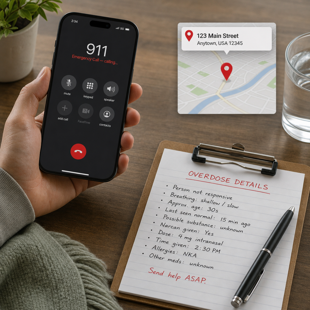 A realistic illustration of a phone call to emergency services with a calm hand holding a phone, a map pin indicating an