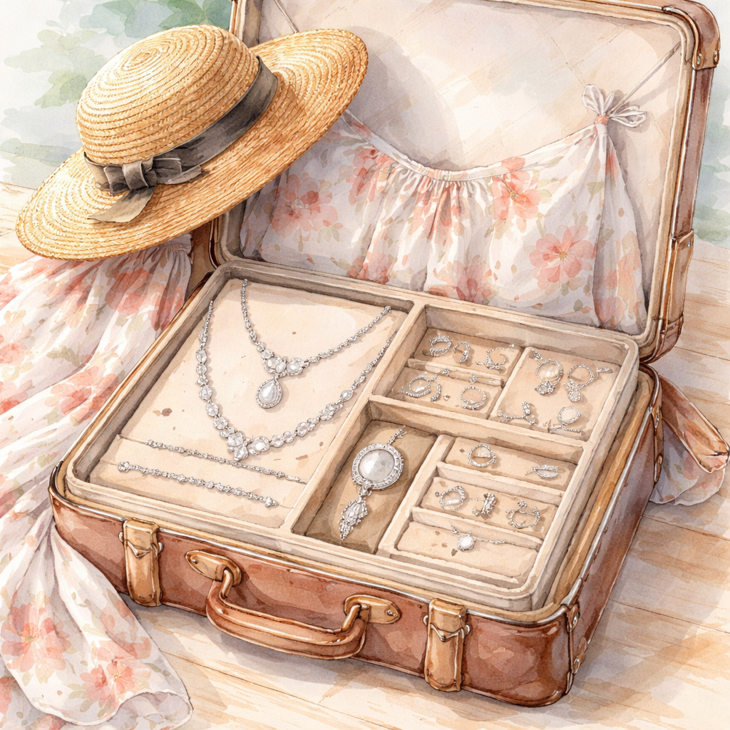 travel outfit with diamond veneer accessories organized in a bag.