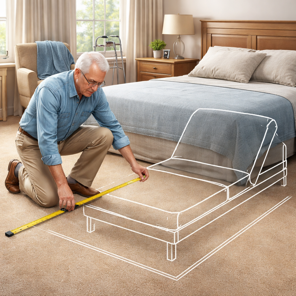senior assessing bed space for limited mobility adjustable bed
