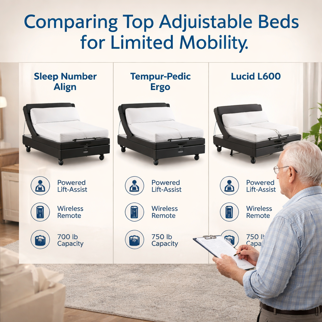 senior comparing top adjustable bed models for limited mobility