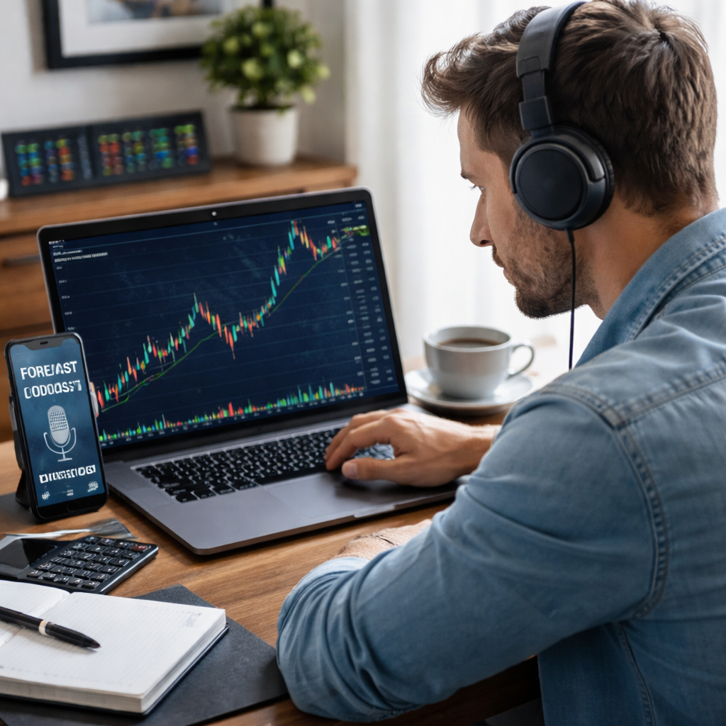 A realistic scene of a trader listening to a podcast on headphones while looking at a laptop chart, alt: trader listenin