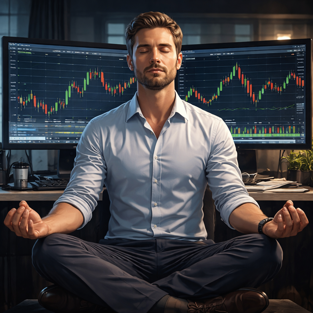 A realistic illustration of a trader meditating with a chart in the background, alt: trader practicing mindfulness while
