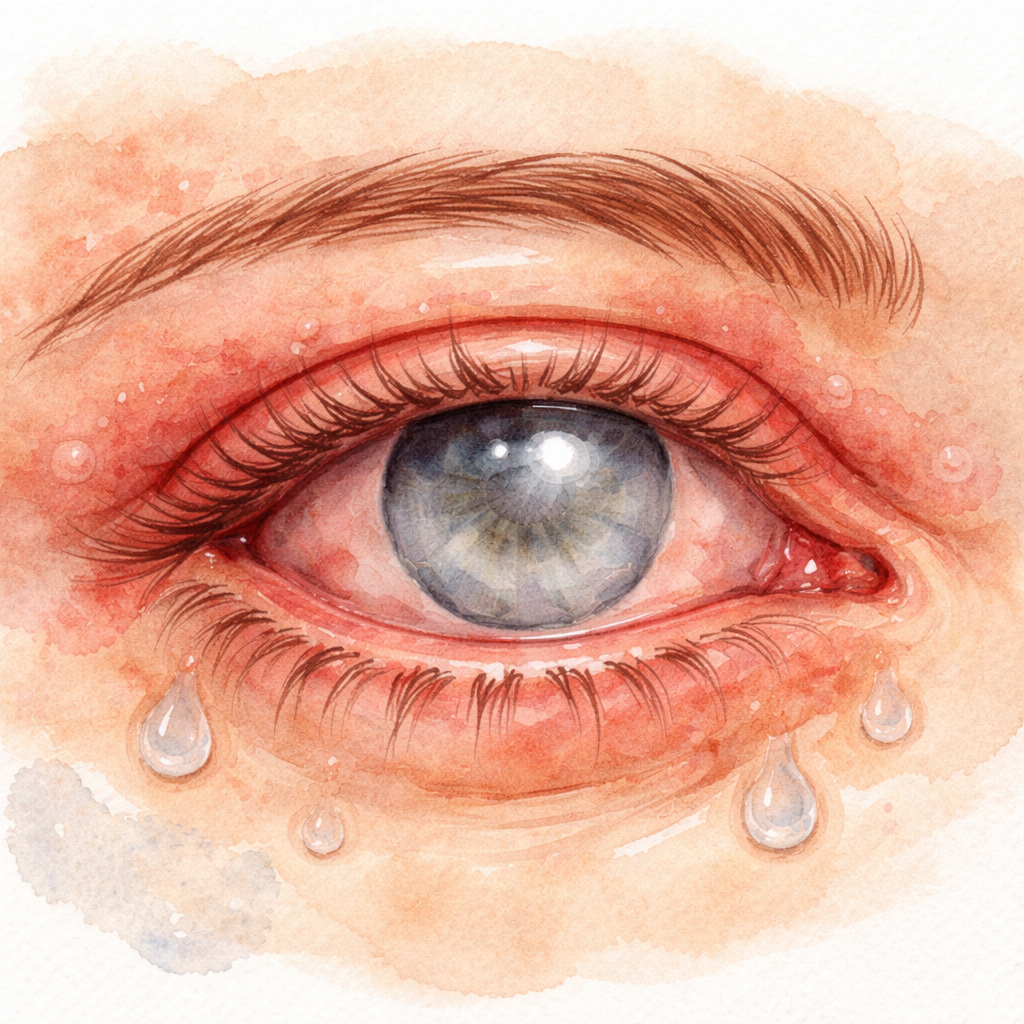 Watercolor illustration of an eye with subtle swelling, showing clear zones of inflammation and drops, alt: cataract sur