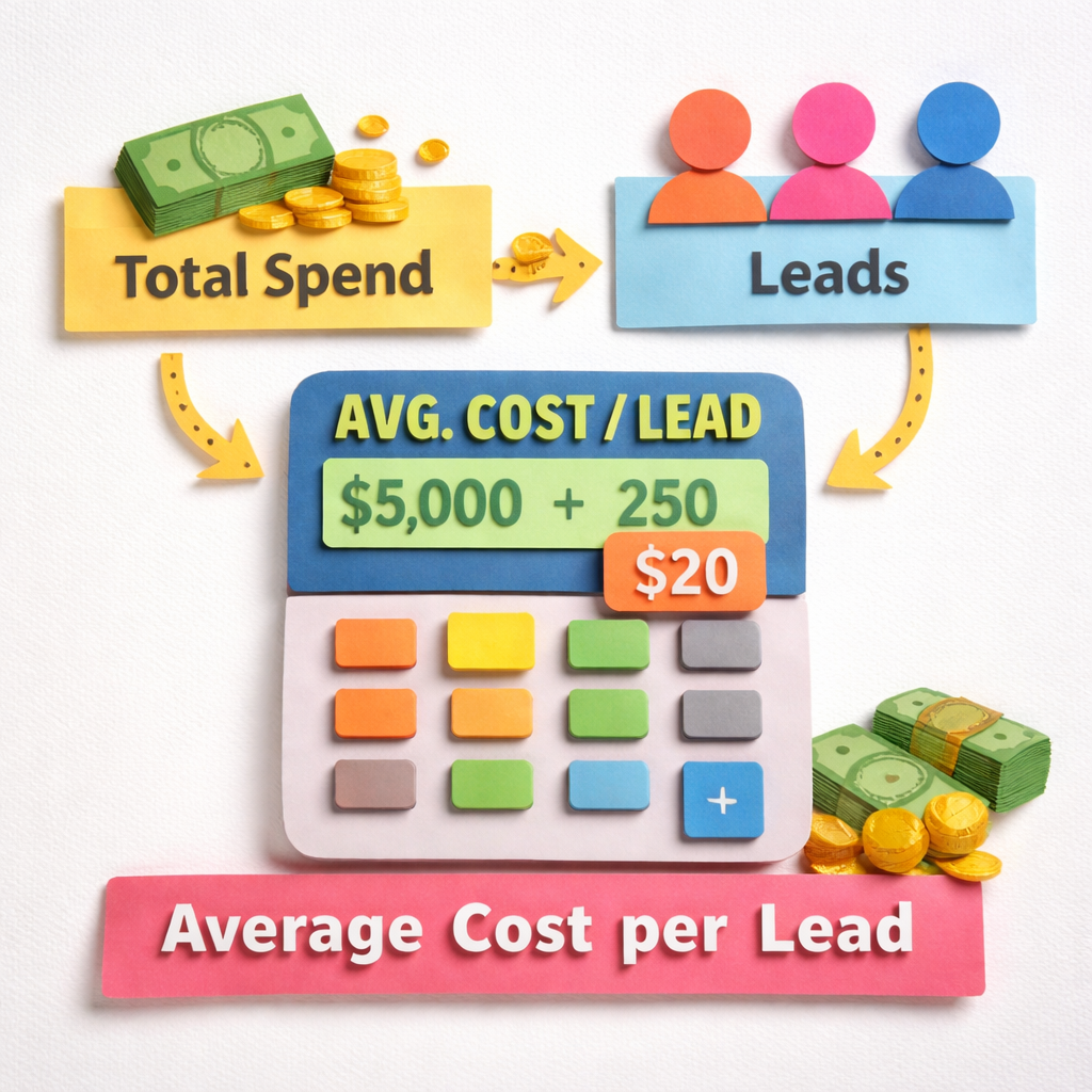 average cost per lead calculation diagram in papercraft style.