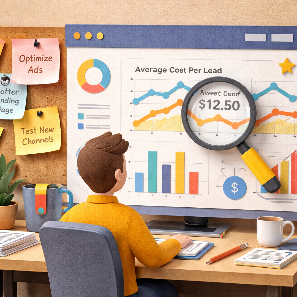 benchmarking average cost per lead in papercraft style.