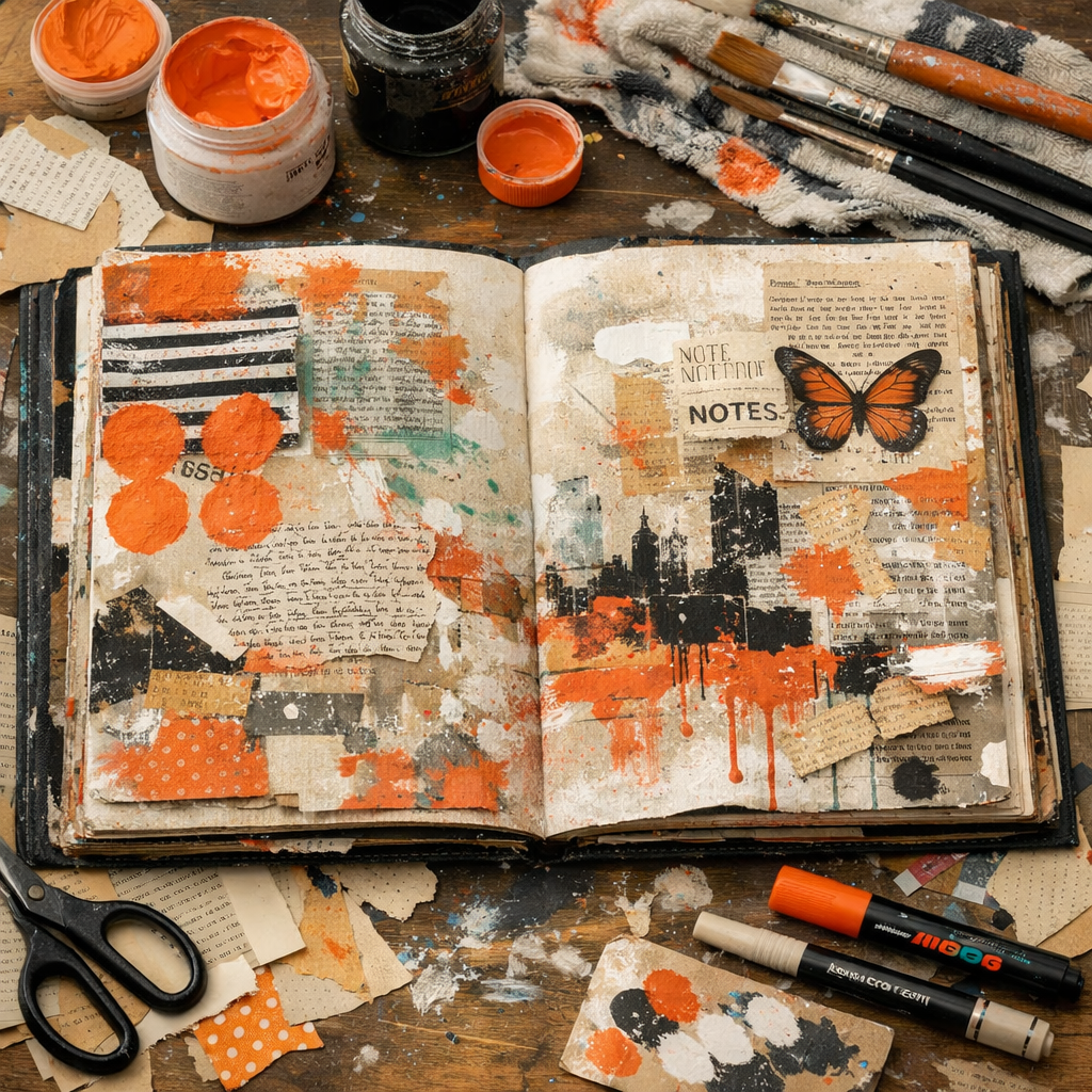 mixed media art journal workspace with supplies