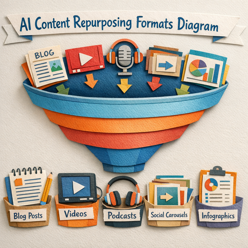 A papercraft style illustration of a content funnel showing blog, video, podcast, carousel, and infographic icons, alt: 