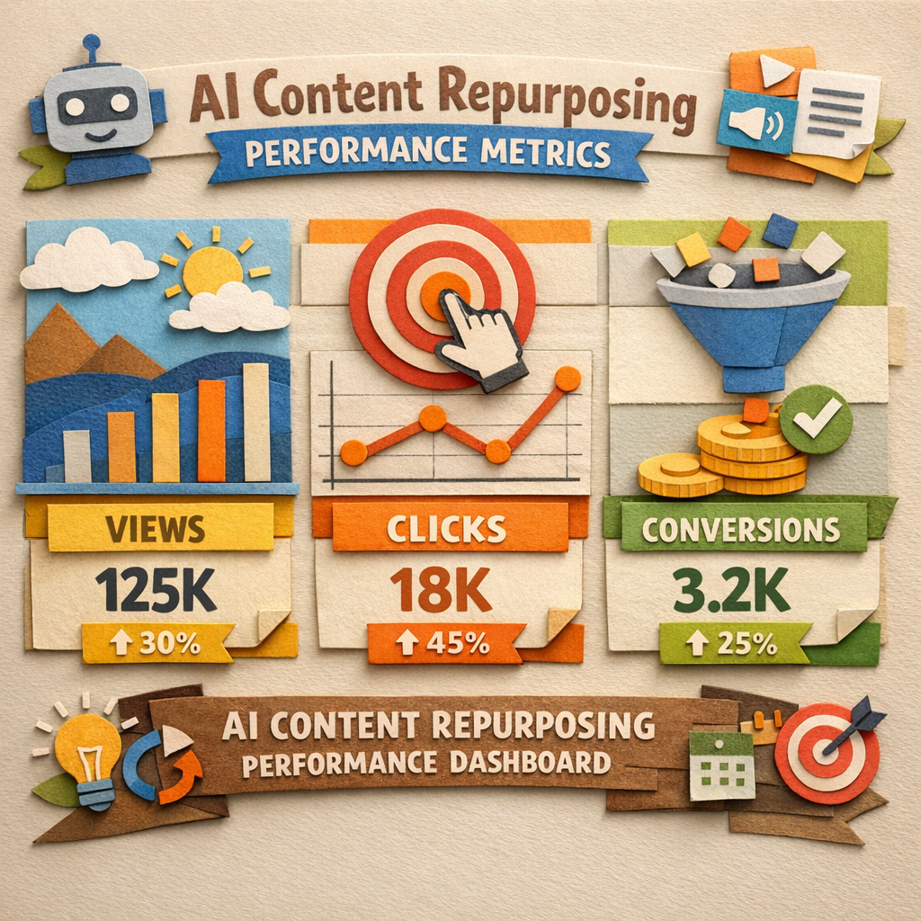 A papercraft style visual of a performance dashboard with charts for views, clicks, and conversions, alt: 