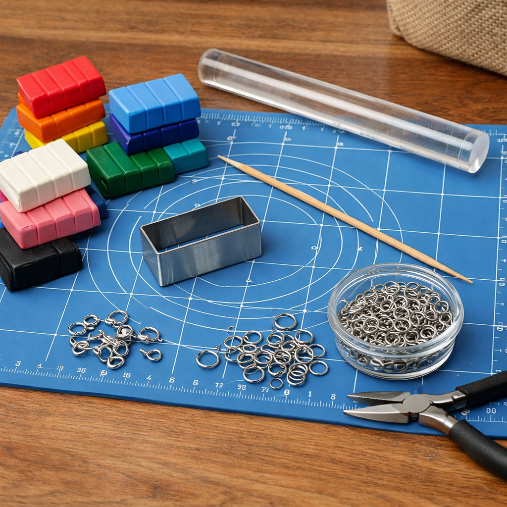 polymer clay keychain crafting supplies laid out on a table.