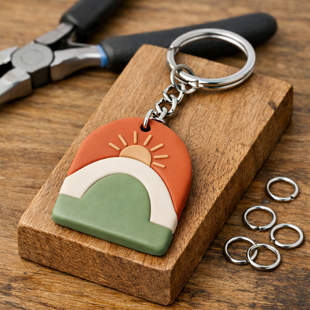 polymer clay keychain after baking, ready for final assembly.